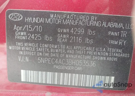 2011 Hyundai Sonata Se from USA, damaged, VIN 5NPEC4AC3BH053536